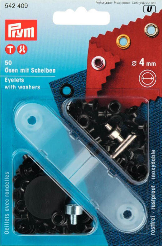 50 Prym 4mm Ösen mit Scheiben inkl. Werkzeug - brüniert dunkel (542 409)