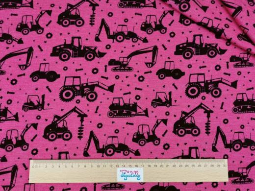 Wolle/Seide Biojersey - Baustellenfahrzeuge himbeerpink