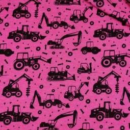 Wolle/Seide Biojersey - Baustellenfahrzeuge himbeerpink