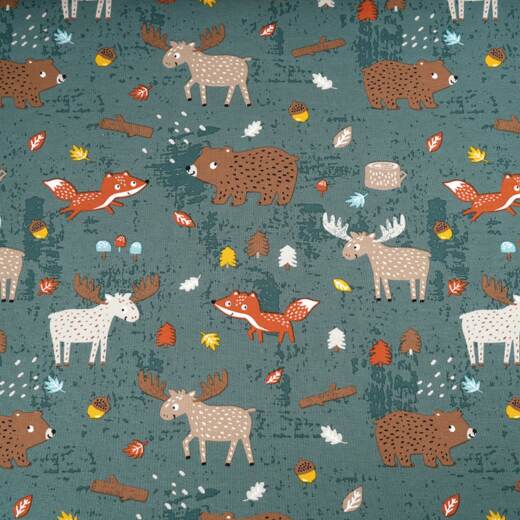 Biojersey - Stoffonkel - Fuchs, Elch und Bär - staubgrün
