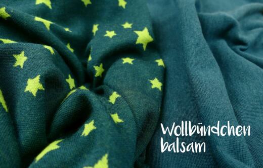 30cm Reststück: Wolle/Seide Bio Jacquardjersey - Sterne petrolgrün/frühlingsgrün