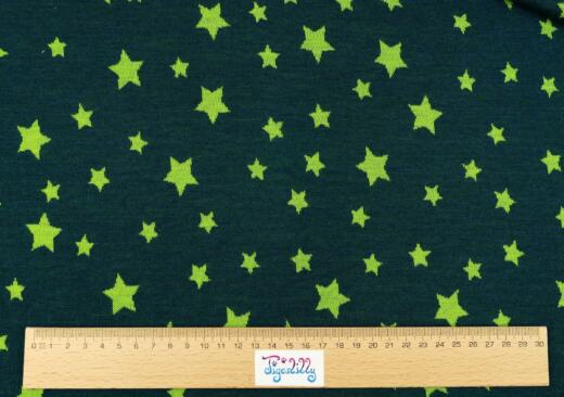 30cm Reststück: Wolle/Seide Bio Jacquardjersey - Sterne petrolgrün/frühlingsgrün