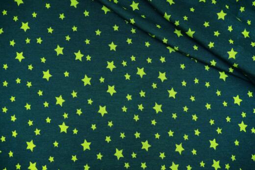 30cm Reststück: Wolle/Seide Bio Jacquardjersey - Sterne petrolgrün/frühlingsgrün