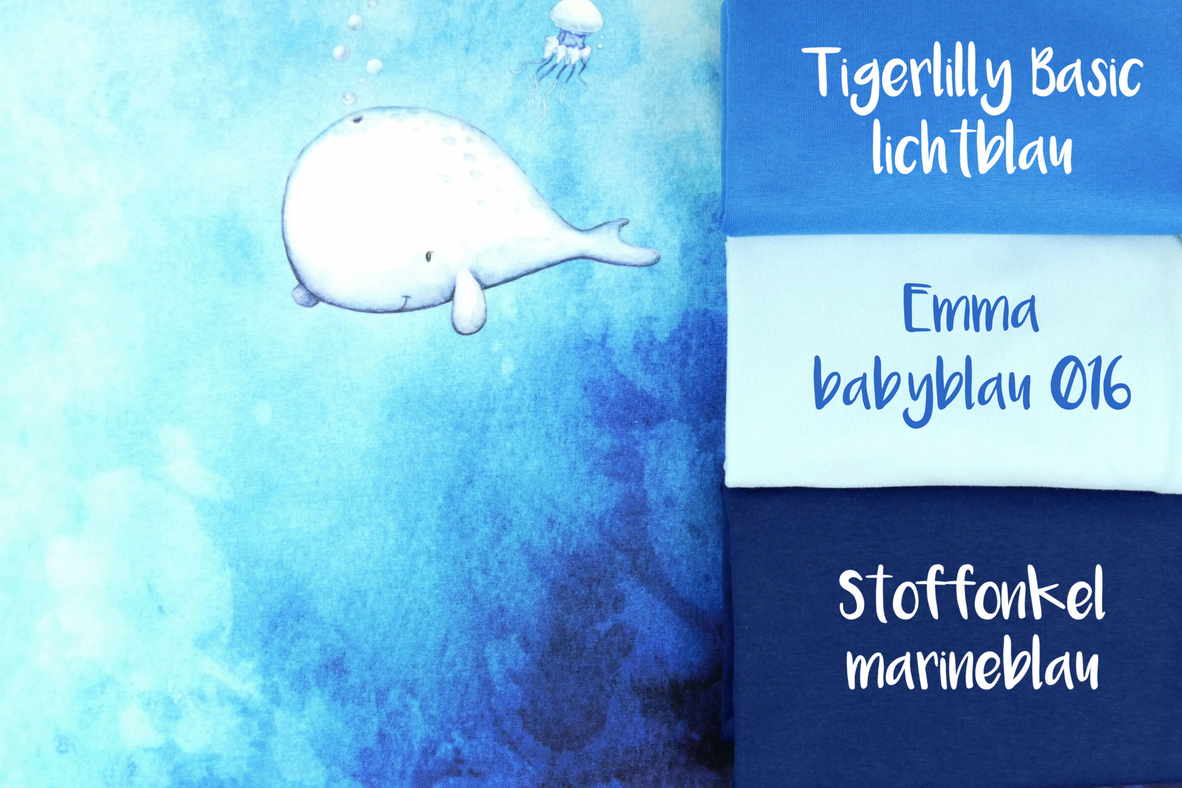 Kombistoffe Mattheo und Blubb Blubb Tigerlilly basic lichtblau, emma babyblau, stoffonkel marineblaufertig