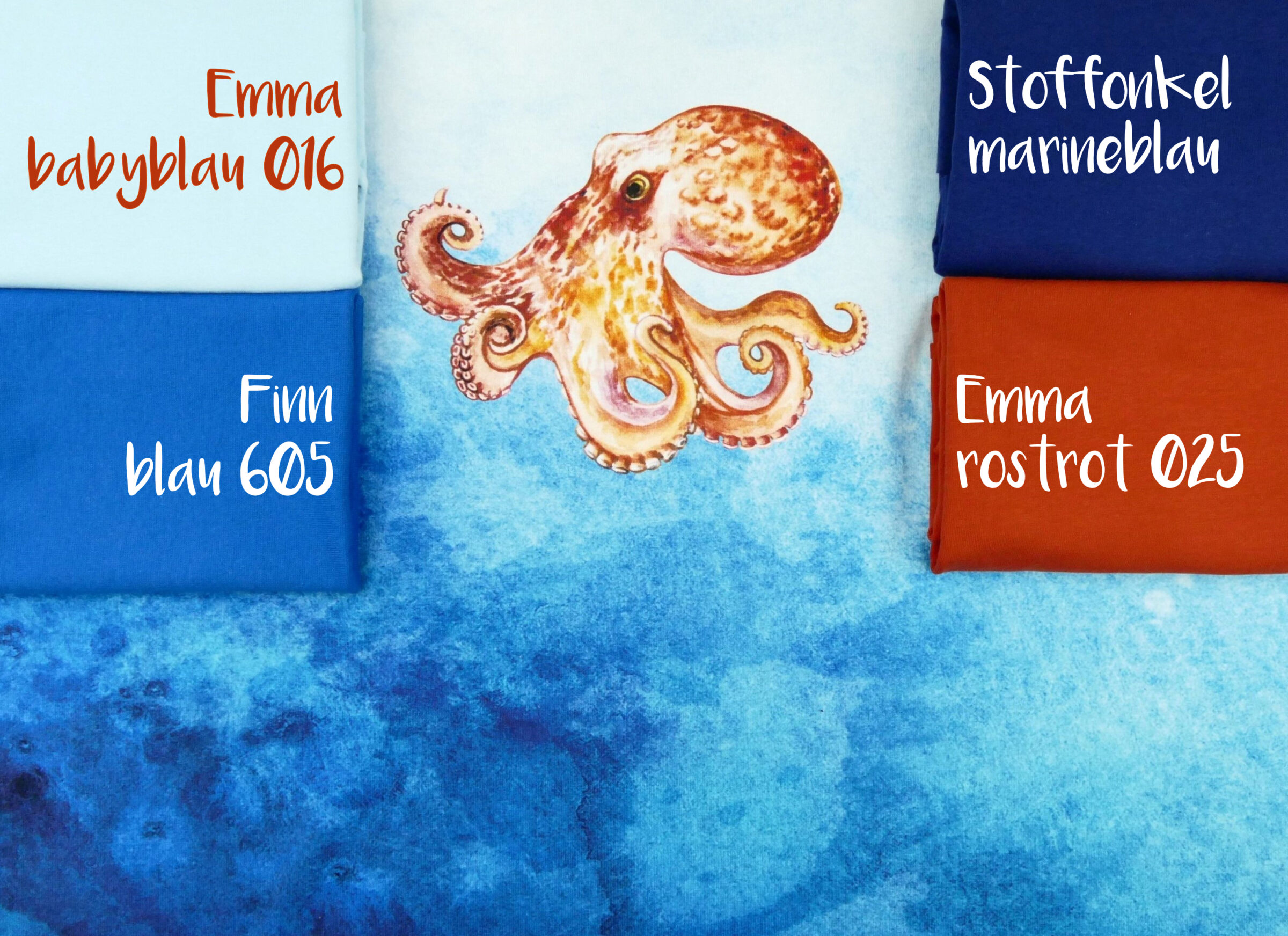 Kombistoffe Oktopus und Hai Emma babyblau, Finn blau, So marineblau Emma rostrot3fertig
