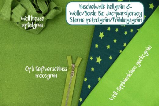 30cm Reststück: Wolle/Seide Bio Jacquardjersey - Sterne petrolgrün/frühlingsgrün