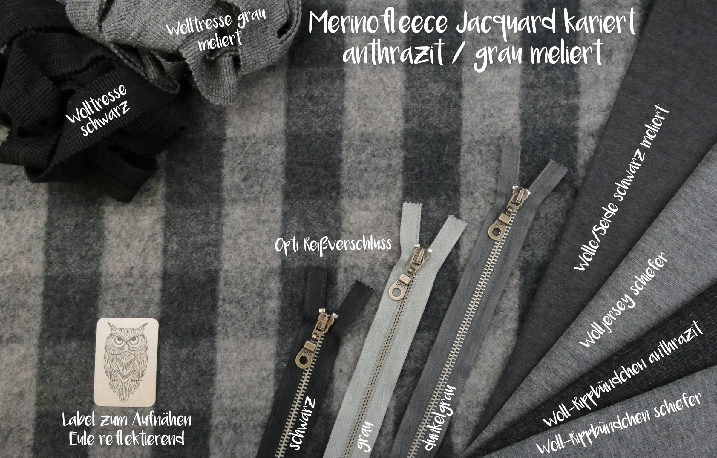 Merinofleece Jacquard kariert Wolle Seide schwarz meliert