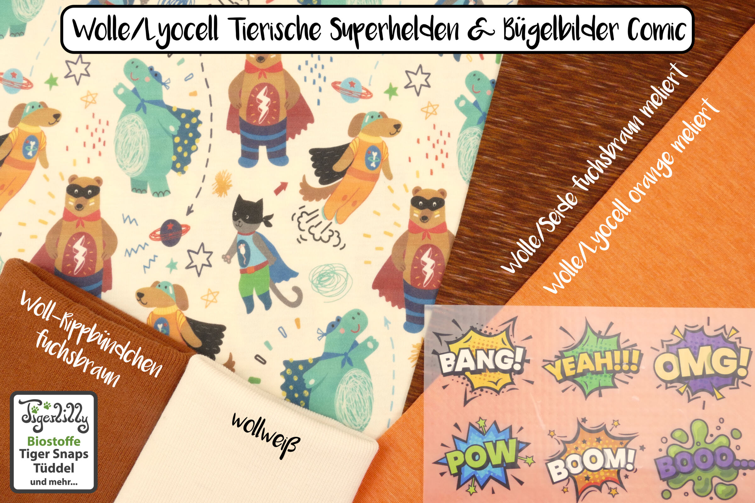 Wolle lyocell tieriscche superhelden bügelbilder comic