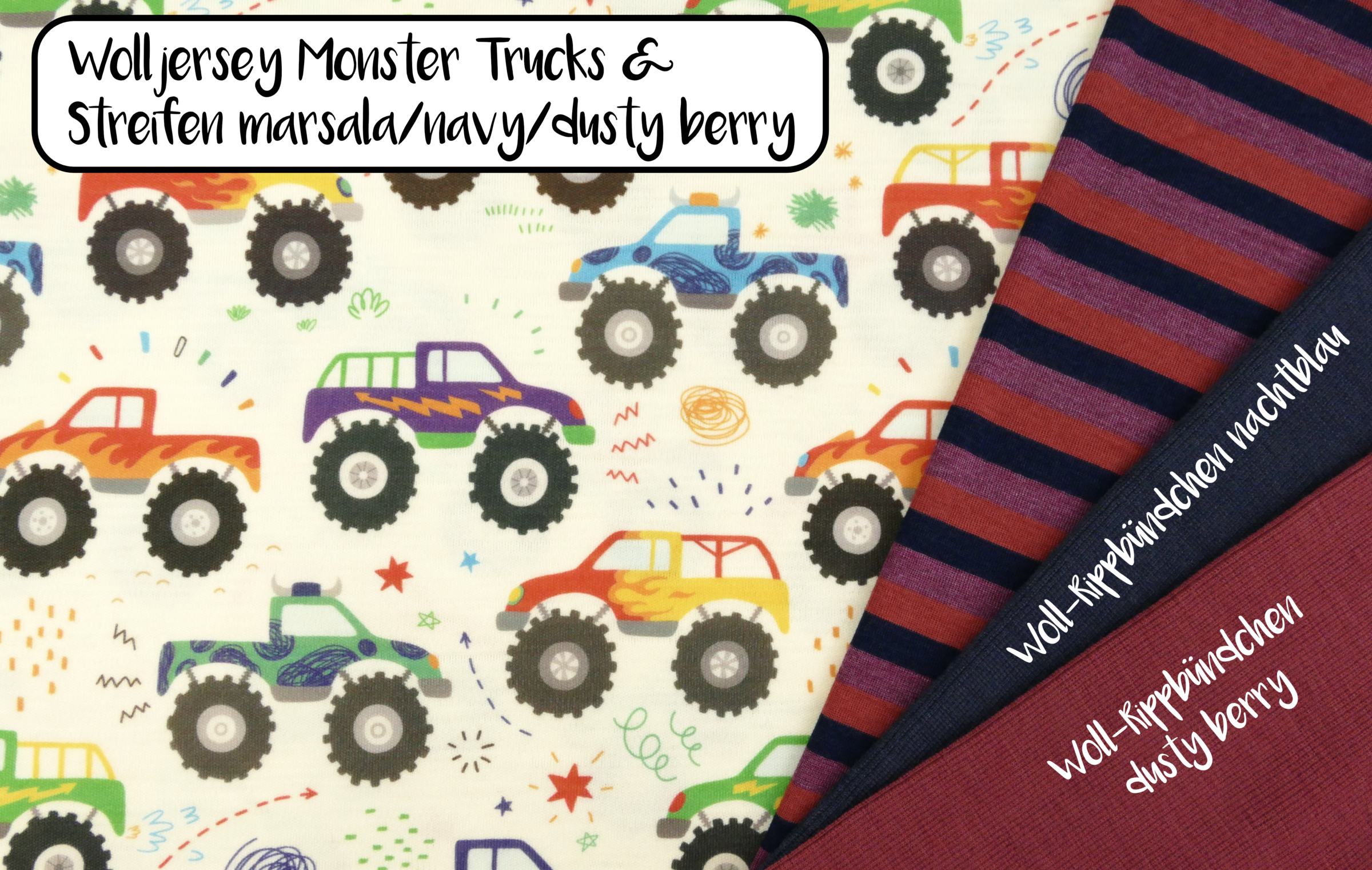 Wolljersey Monster Trucks Streifen marsala navy dusty berry