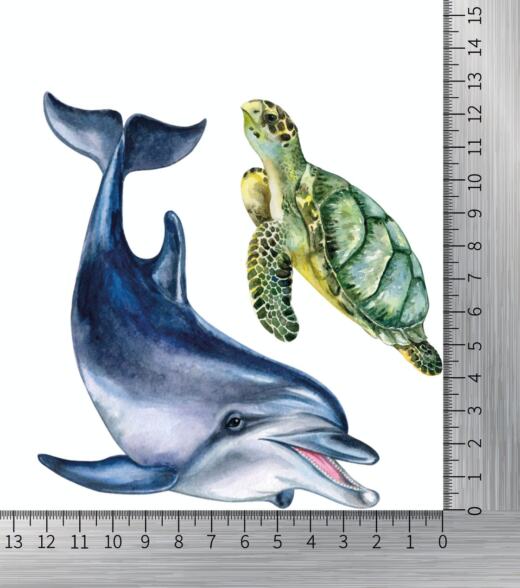 DTF Bügelbilder D10 - Meeresschildkröte und Delfin (ca. 12,5 x 13cm)