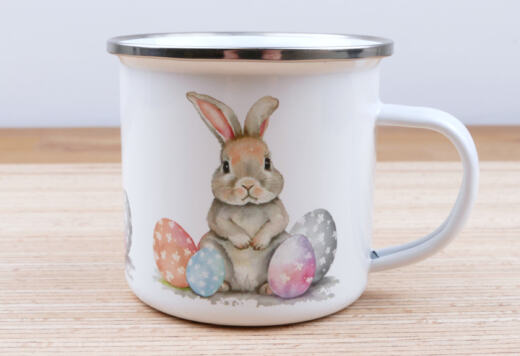 Ein Emaillebecher 300ml - Tigerlilly EP - Osterhase mit Ostereiern