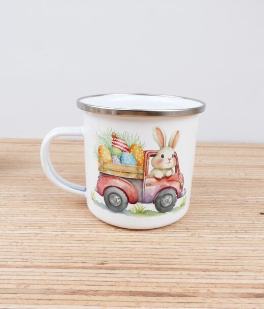 Ein Emaillebecher 300ml - Tigerlilly EP - Osterhase Auto