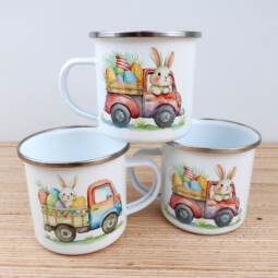 Ein Emaillebecher 300ml - Tigerlilly EP - Osterhase Auto