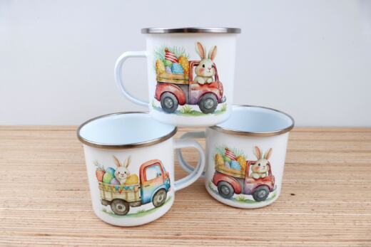 Ein Emaillebecher 300ml - Tigerlilly EP - Osterhase Auto