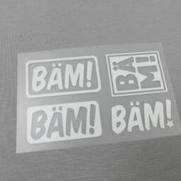 Bügelbilder H10 - silber reflektierend - "Bäm!" (ca. 6 x 10cm)