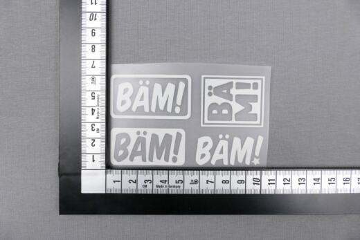Bügelbilder H10 - silber reflektierend - "Bäm!" (ca. 6 x 10cm)