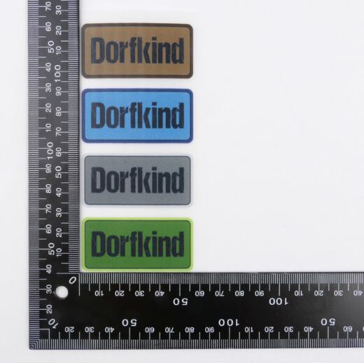 DTF Bügelbilder M8 - Vier Label "Dorfkind" beere/grau/mint/grün (ca. 5,5 x 12,5cm)