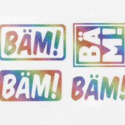 Bügelbilder  H14 - Regenbogen glitzernd - "BÄM!" (ca. 7 x 11cm)