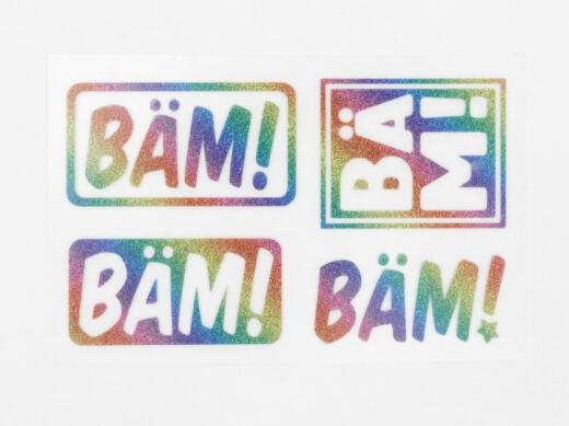 Bügelbilder  H14 - Regenbogen glitzernd - "BÄM!" (ca. 7 x 11cm)