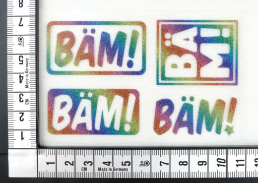 Bügelbilder  H14 - Regenbogen glitzernd - "BÄM!" (ca. 7 x 11cm)