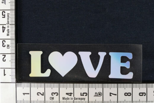 Bügelbild H16 - holografisch - "Love" mit Herz klein (ca. 2,5 x 7cm)