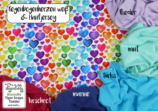 Biojersey (100% Baumwolle) - Tigerlilly EP - Regenbogenherzen weiß