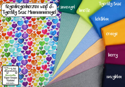 Biojersey (100% Baumwolle) - Tigerlilly EP - Regenbogenherzen weiß