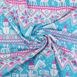 Bio Jacquardjersey - Tigerlilly - Rentier und Schneemann (türkis/pink) – Bild 2