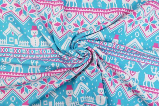 Bio Jacquardjersey - Tigerlilly - Rentier und Schneemann (türkis/pink)
