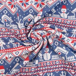 Bio Jacquardjersey - Tigerlilly - Rentier & Schneemann (blau/rot) – Bild 2