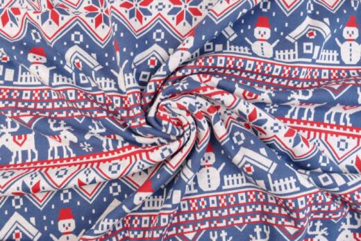 Bio Jacquardjersey - Tigerlilly - Rentier & Schneemann (blau/rot)