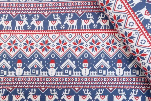 Bio Jacquardjersey - Tigerlilly - Rentier & Schneemann (blau/rot)