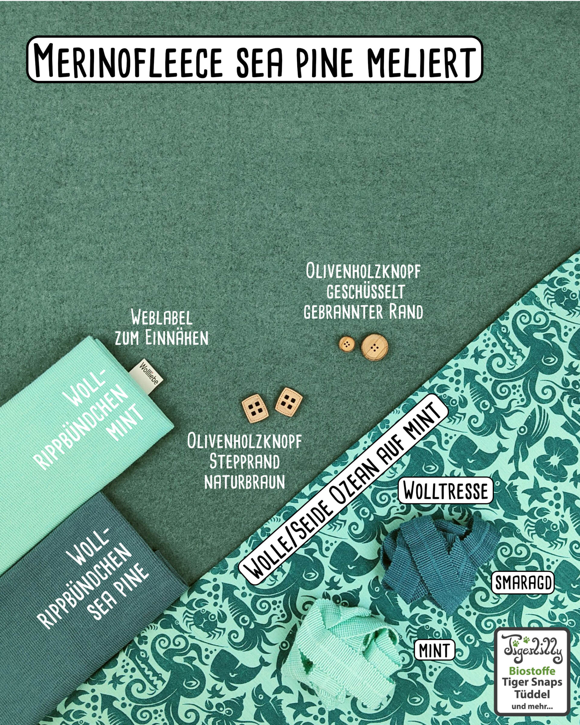 Merinofleece sea pine meliert mit ozean auf mint