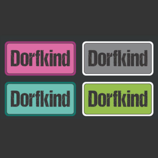 DTF Bügelbilder M8 - Vier Label "Dorfkind" beere/grau/mint/grün (ca. 5,5 x 12,5cm)