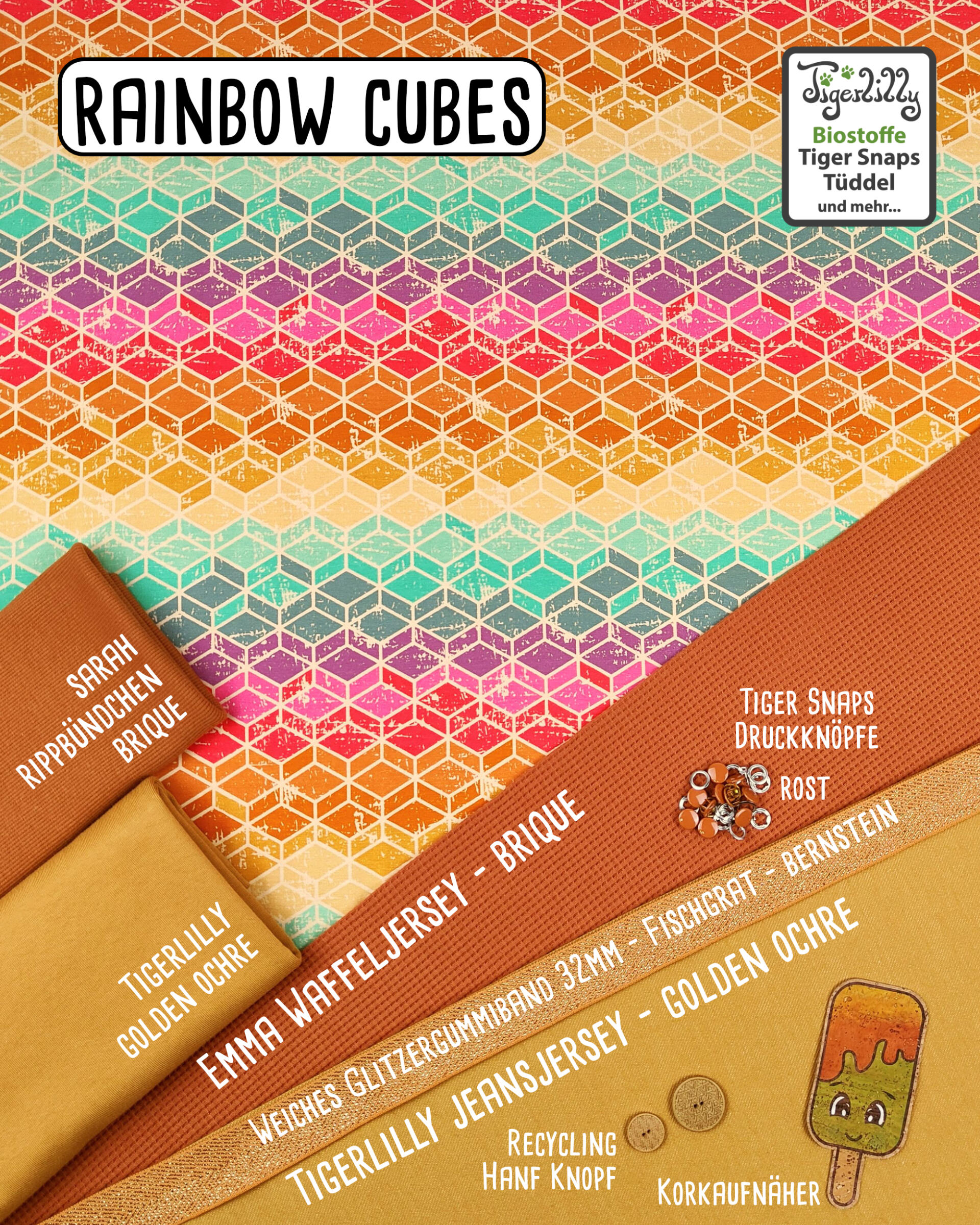 Rainbow cubes mit waffeljersey und jeansjersey